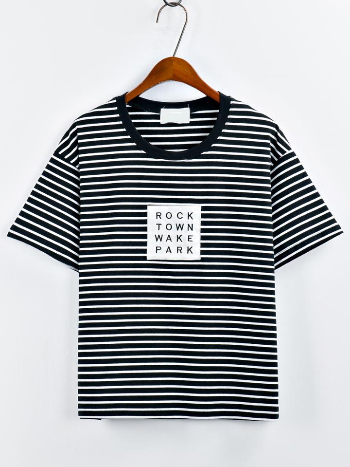 Romwe Black Contrast Striped Patch T-shirt