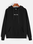 Romwe Black Letter Print Raglan Sleeve Drawstring Pocket Hoodie