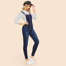Romwe Button Front Denim Pinafore Jumpsuit