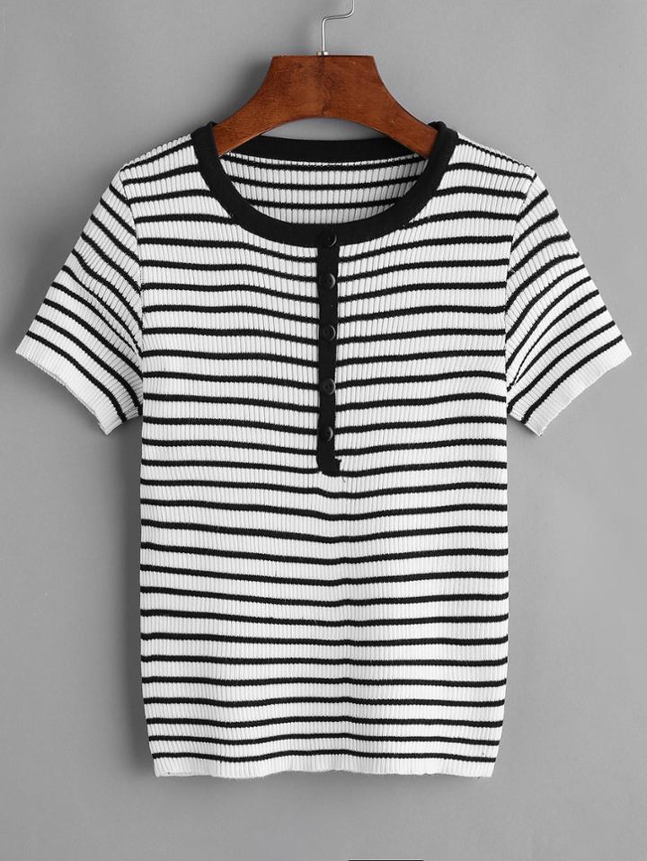Romwe Striped Button Front Contrast Trim Knitted T-shirt