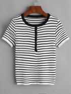 Romwe Striped Button Front Contrast Trim Knitted T-shirt