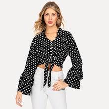 Romwe Knot Hem Flounce Sleeve Polka Dot Blouse