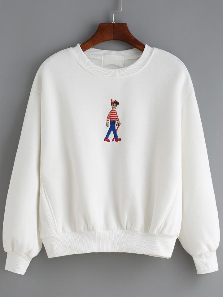 Romwe Cartoon Embroidered Loose White Sweatshirt