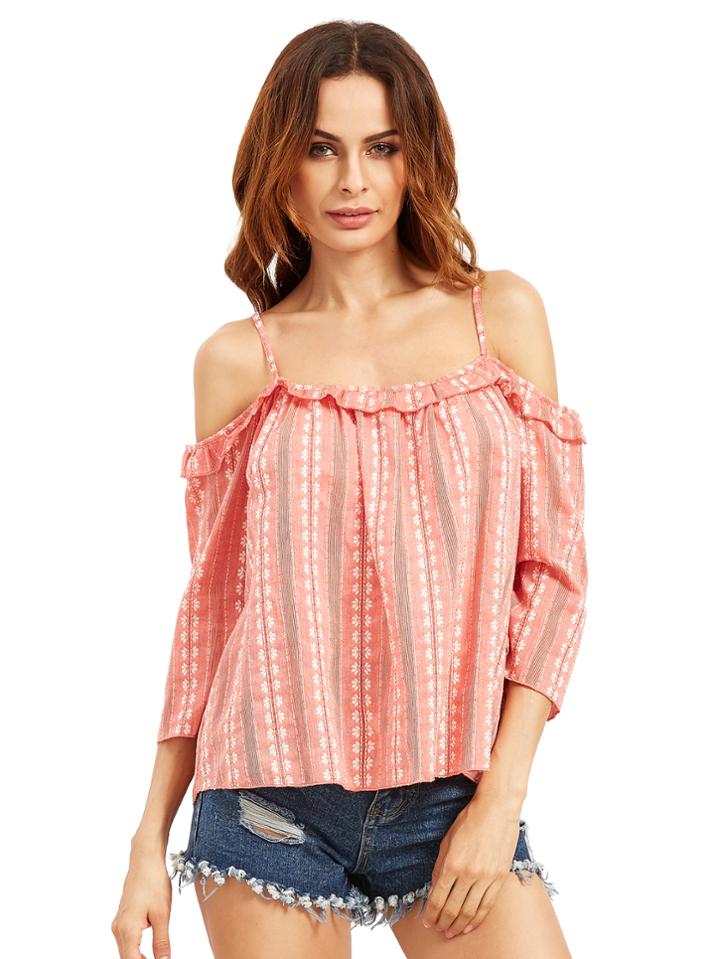 Romwe Burgundy Cold Shoulder Ruffle Blouse