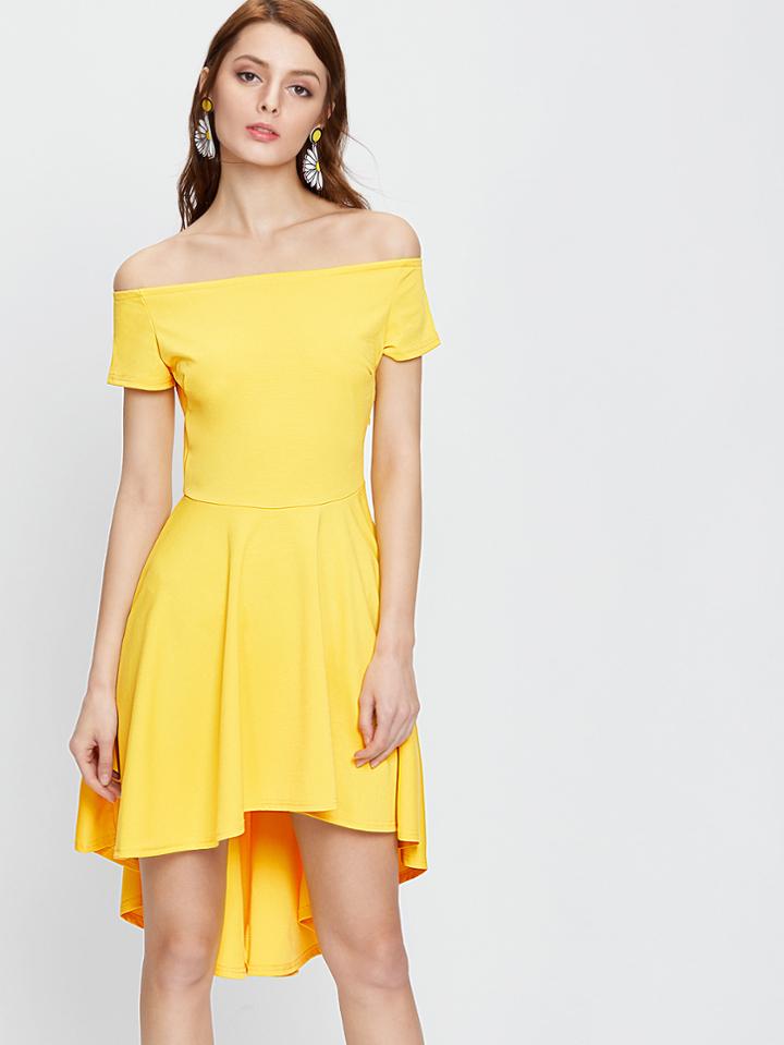 Romwe Yellow Off The Shoulder Dip Hem Dress