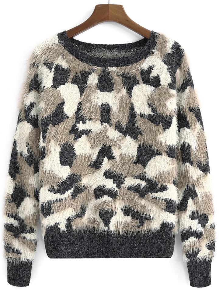 Romwe Round Neck Camouflage Fuzzy Sweater