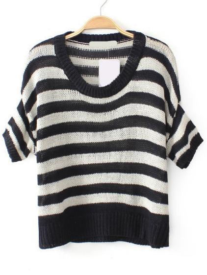 Romwe Short Sleeve Striped Sweater