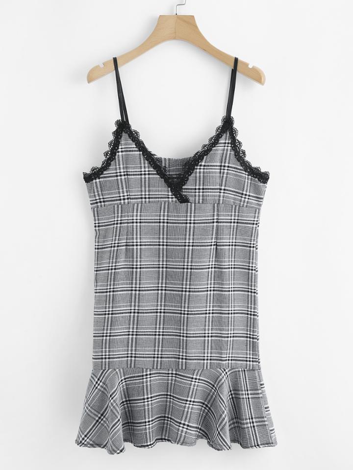 Romwe Lace Trim Ruffle Hem Cami Dress