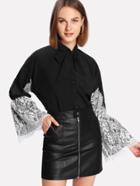 Romwe Lace Contrast Sleeve Blouse