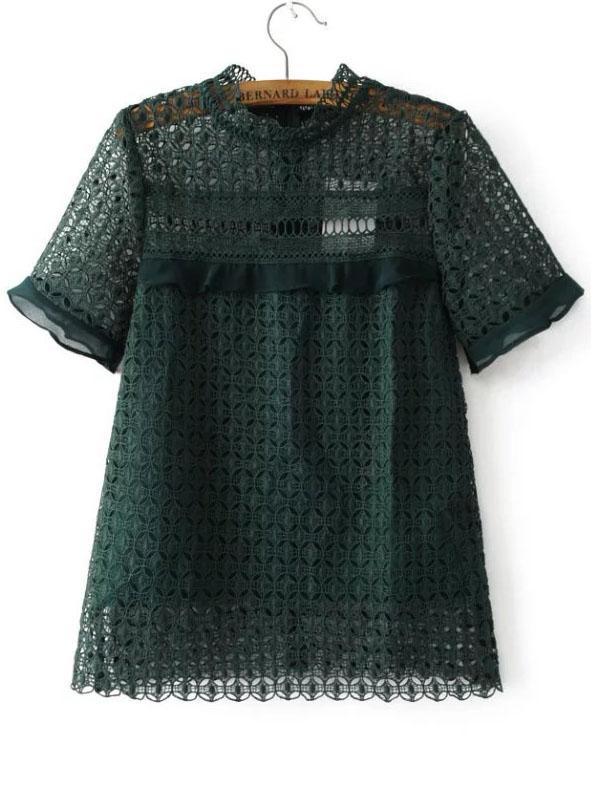 Romwe Dark Green Crochet Design Hollow Out Top