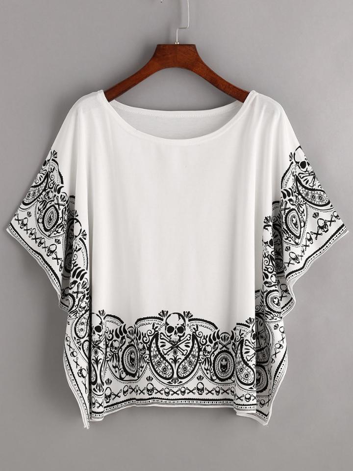 Romwe Skull Print Batwing Sleeve T-shirt