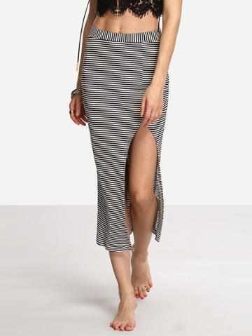 Romwe Black White Striped Split Midi Skirt