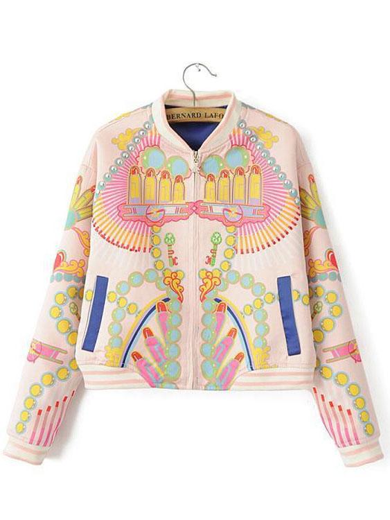 Romwe Graffiti Print Zipper Crop Pink Jacket
