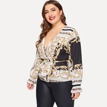 Romwe Plus Scarf Print Belted Blouse