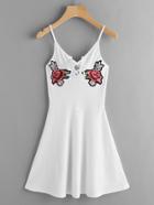 Romwe Rose Applique Eyelet Lace Up Ribbed Swing Dress