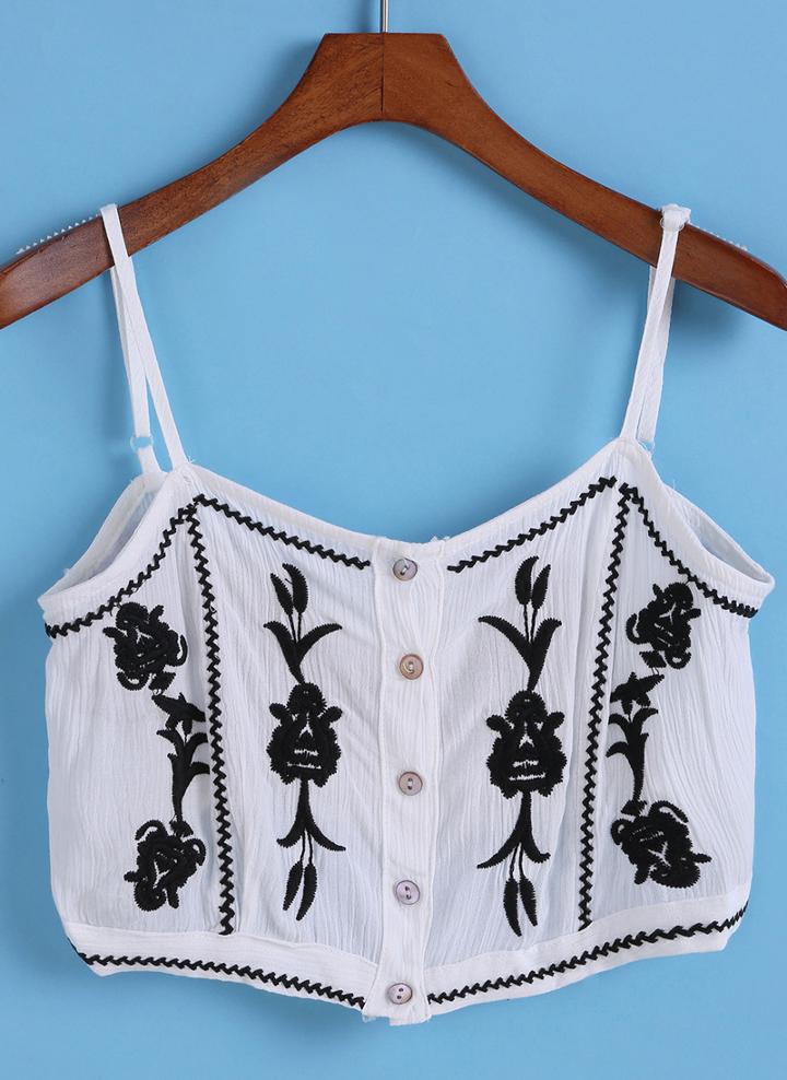 Romwe Spaghetti Strap Embroidered Crop White Cami Top