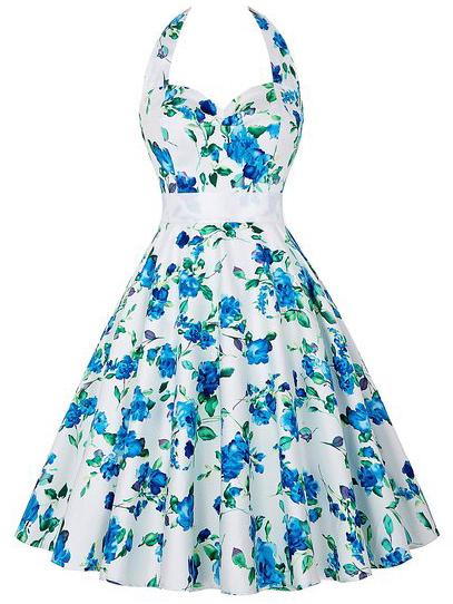 Romwe Halter Neck Flower Print Fit & Flare Dress - Blue