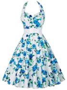 Romwe Halter Neck Flower Print Fit & Flare Dress - Blue