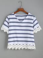 Romwe V Neck Striped Lace Trim T-shirt