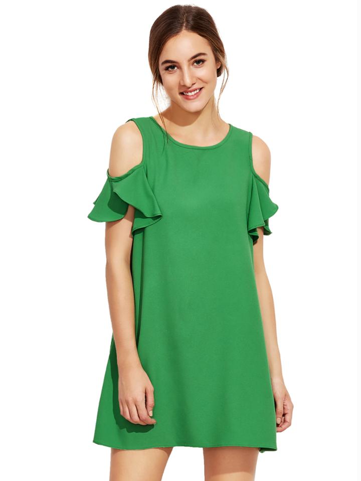 Romwe Green Cold Shoulder Ruffle Sleeves Shift Dress