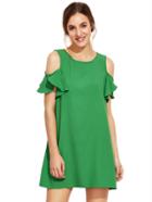 Romwe Green Cold Shoulder Ruffle Sleeves Shift Dress