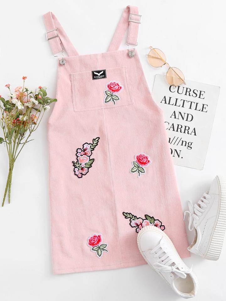 Romwe Floral Embroidered Patch Pinafore Dress