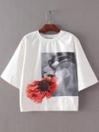 Romwe White Elbow Sleeve Round Neck Flower Print Blouse