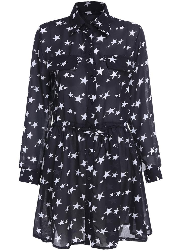 Romwe Star Print Chiffon Shirt Black Dress