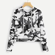 Romwe Letter Tape Camo Print Hooded Sweatshirt