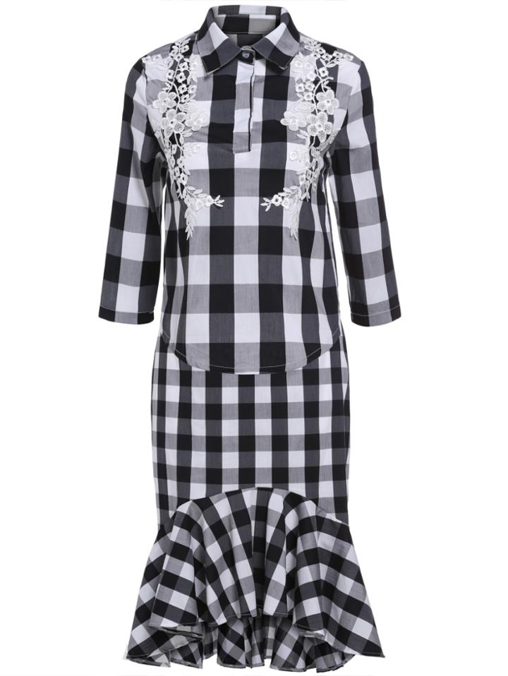 Romwe Lapel Lace Paneled Plaid Top With Mermaid Skirt