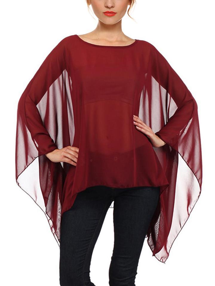 Romwe Round Neck Asymmetrical Chiffon Burgundy Blouse