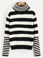 Romwe High Neck Contrast Striped Sweater