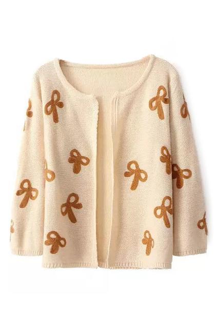 Romwe Bowknot Knitted Cream Cardigan