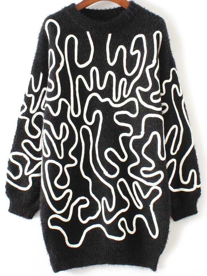 Romwe Black Graphic Pattern Drop Shoulder Long Sweater