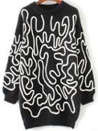 Romwe Black Graphic Pattern Drop Shoulder Long Sweater