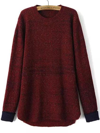 Romwe Contrast Cuff Dip Hem Wine Red Sweater