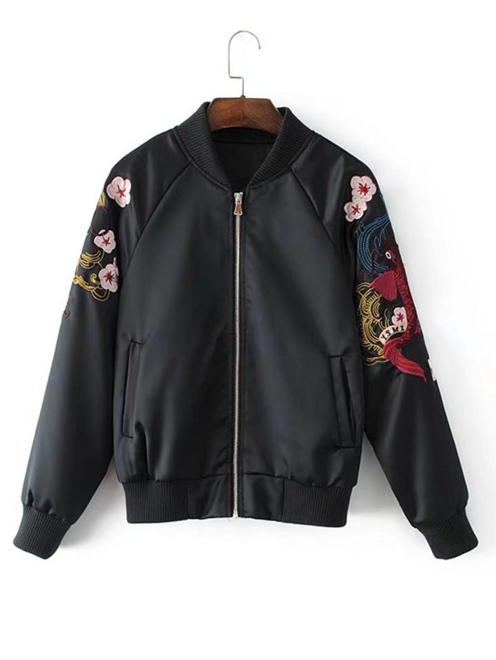 Romwe Embroidered Raglan Sleeve Zipper Jacket