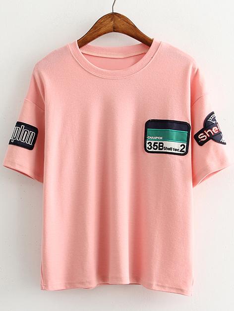 Romwe Pink Short Sleeve Patch Casual T-shirt