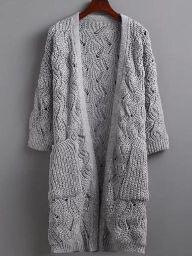 Romwe Grey Eyelet Cardigan With Pockets