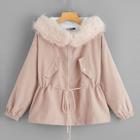 Romwe Drawstring Waist Faux Fur Trim Hood Coat