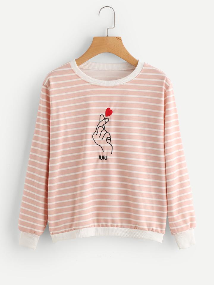 Romwe Contrast Trim Love Gesture Embroidered Stripe Pullover