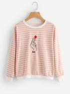 Romwe Contrast Trim Love Gesture Embroidered Stripe Pullover