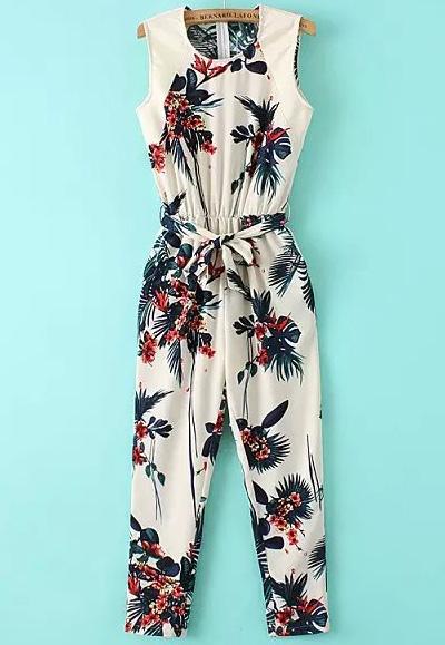 Romwe Beige Sleeveless Leaves Print Tie-waist Jumpsuit