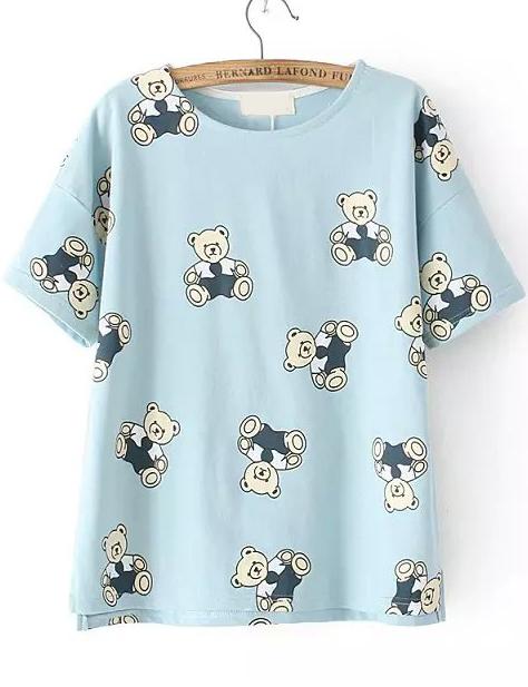 Romwe Dip Hem Cubs Print Blue T-shirt