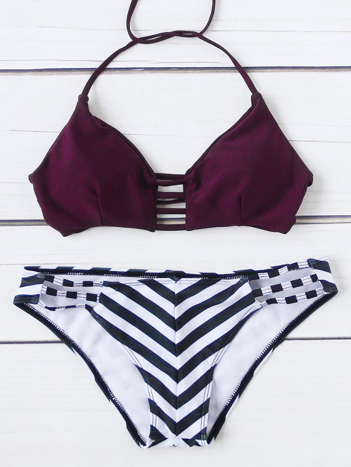 Romwe Chevron Print Ladder Cutout Bikini Set