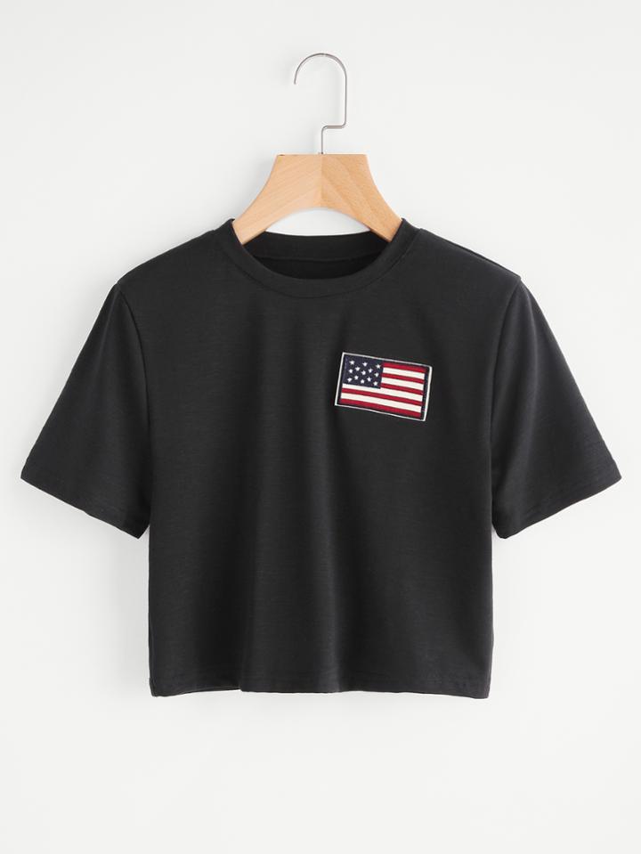 Romwe Flag Patch Slub Tee