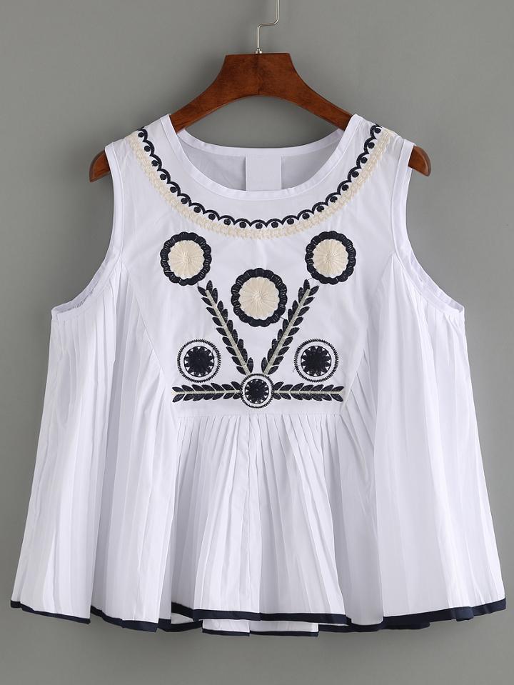 Romwe Pleated Embroidered Tank Top - White
