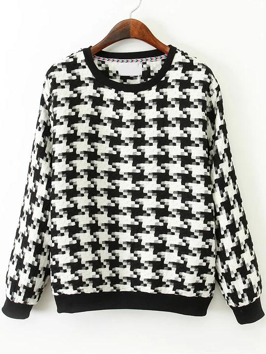 Romwe Round Neck Houndstooth Sweatshirt