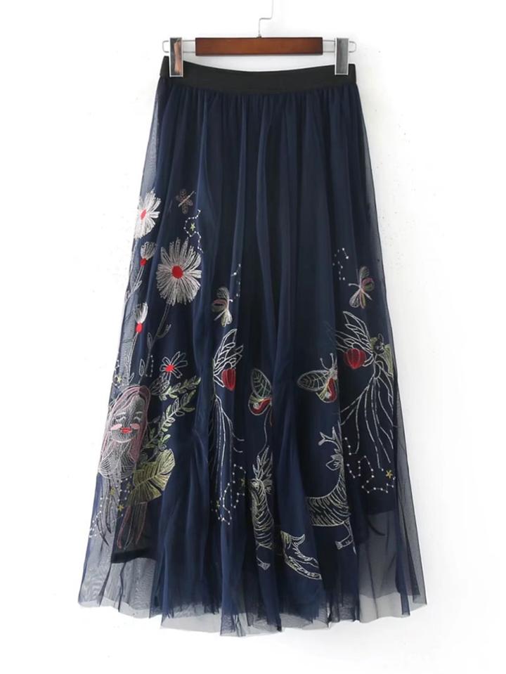 Romwe Butterfly Embroidery Mesh Overlay Skirt