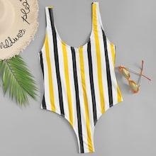 Romwe Zipper Up Low Back Random Striped Swimsuit